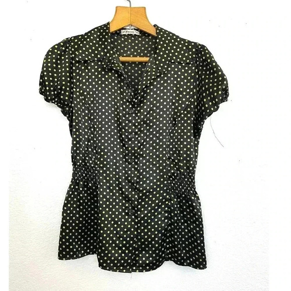 Forever Women's Black Shiny Blouse Elastic Waist Yellow Polka Dots Medium Retro - Picture 8 of 8